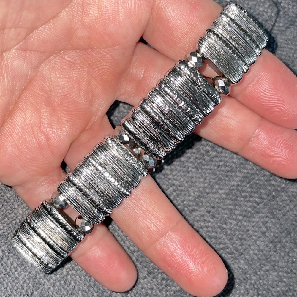 Pretty Textured Beaded Stretch Statement Bracelet Silvertone